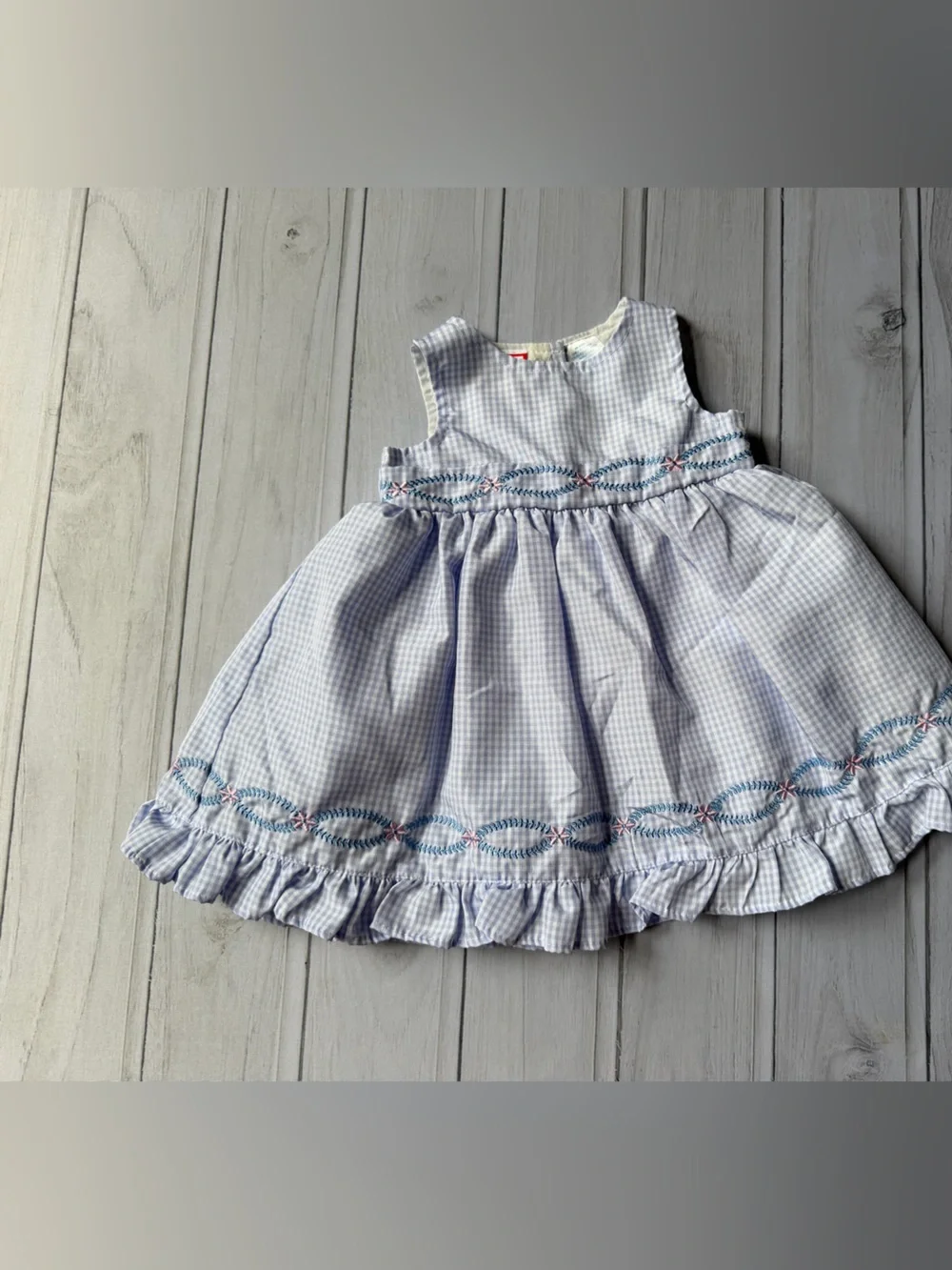 Vintage 90’s Baby Togs blue white gingham sleeveless embroidered dress. 3-6 mo